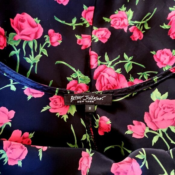 Vintage Betsey Johnson New York 90s Red Rose Floral Black Bead Silk Slip Dress S - Picture 10 of 11